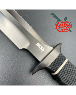 SOG Scuba Demo 2.0 fighting knife AUS-8 stainless steel Black TiNi finish black Kraton handle black leather sheath