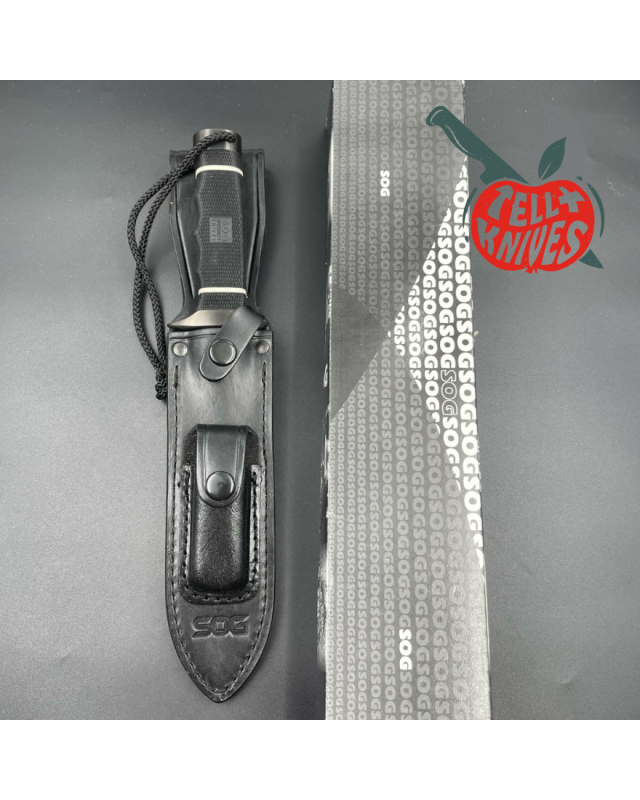 SOG Scuba Demo 2.0 fighting knife AUS-8 stainless steel Black TiNi finish black Kraton handle black leather sheath