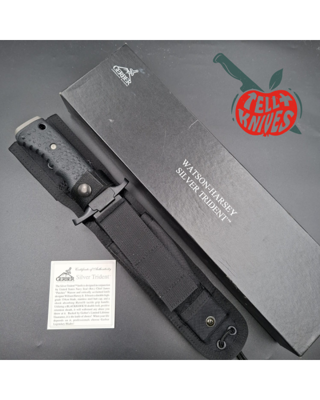 Gerber Silver Trident Watson Harsey Design 154CM stainless steel grey finish blade black polymer handle black nylon shea