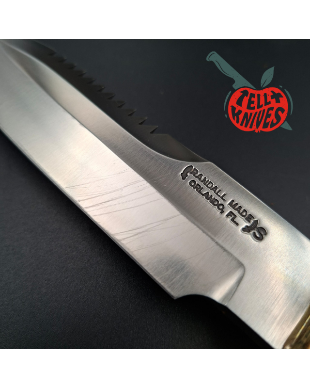 Randall Made Knives Model 18 5.5 forged stainless steel tubular handle brass guard brown leather sheath brass skull crus