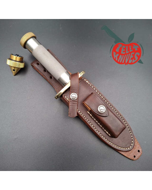 Randall Made Knives Model 18 5.5 forged stainless steel tubular handle brass guard brown leather sheath brass skull crus