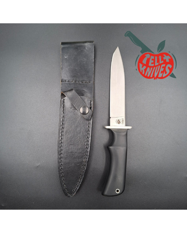 Blackjack Knives Model AWAC fixed blade knife Sandvik 12C27 Stainless Steel blade black micarta handle black leather she