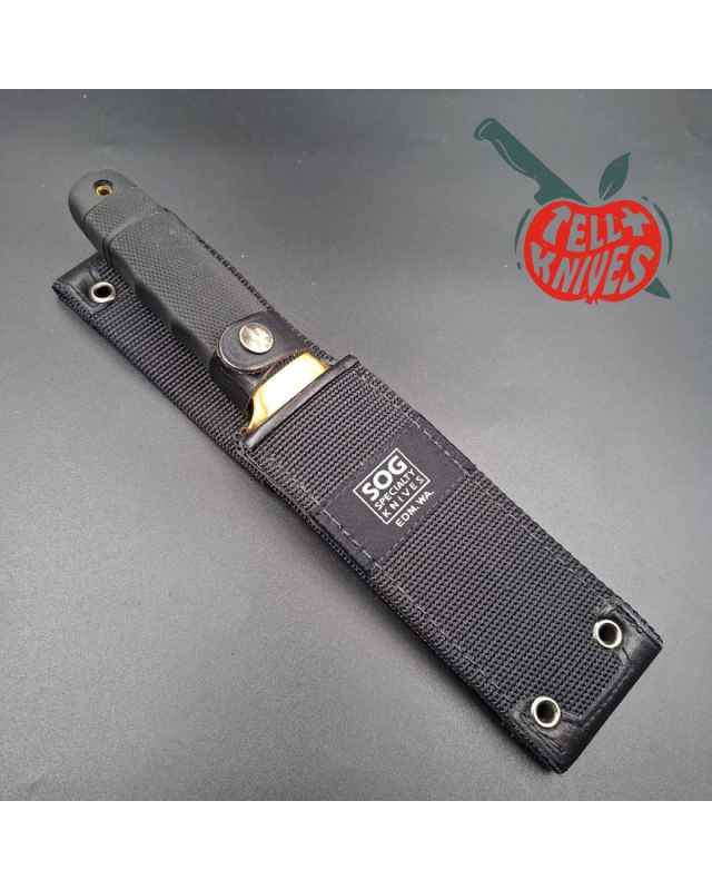 SOG Tech I 1986-88 SEKI JAPAN SK5 carbon steel blade satin finish brass guard Kraton handle Cordura sheath