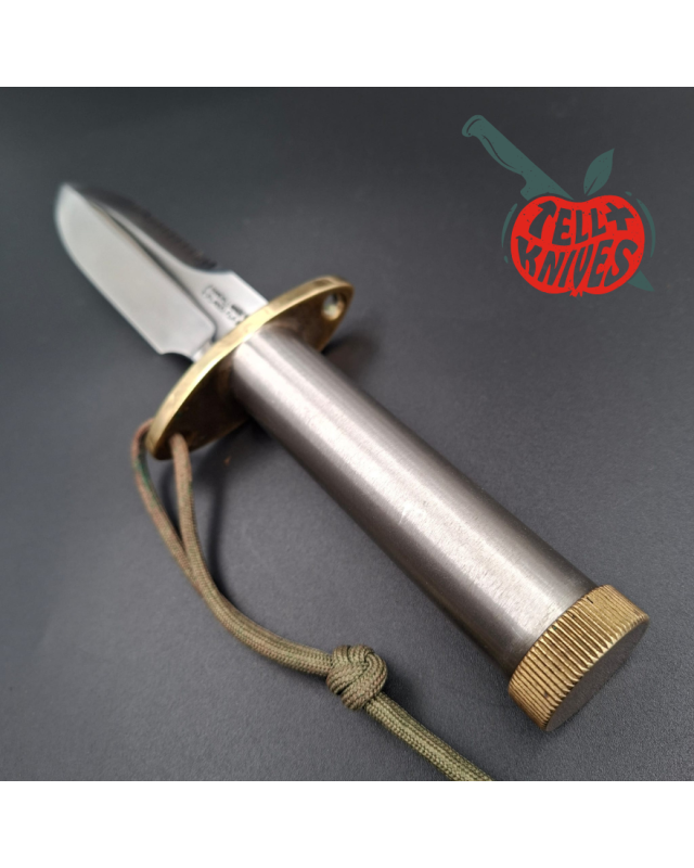 Randall Made Knives Vietnam Era Model 18 5.5 forged stainless steel tubular handle brass guard brown leather sheath