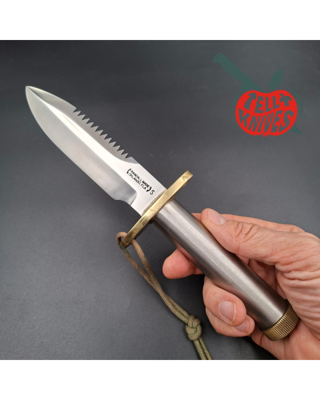 Randall Made Knives Vietnam Era Model 18 5.5 forged stainless steel tubular handle brass guard brown leather sheath