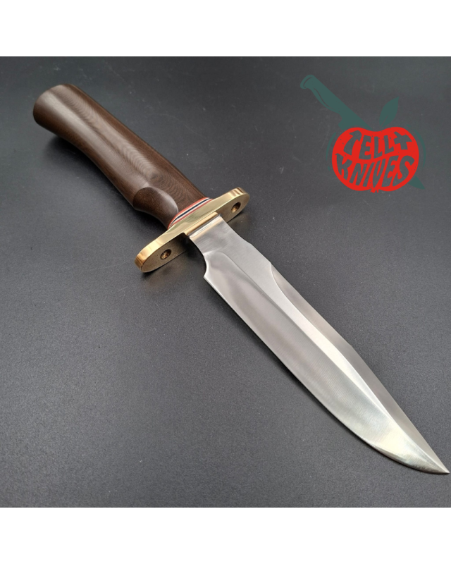 Randall Made Knives Model 1-6 sawteeth grind forged carbon steel brown micarta handle brass guard brown leather sheath