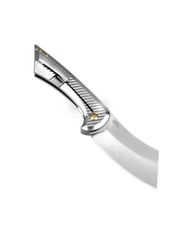 KIZER Cutlery Dawn S35VN steel stonewash finish cleaver blade shape Framelock Silver Titanium handle