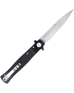 Cobratec Knives Stiletto VG-10 steel satin finish Button Lock Black G10 handle Switzerland Legal