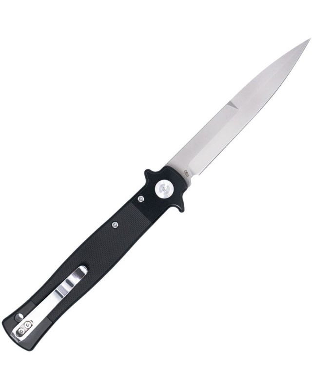 Cobratec Knives Stiletto VG-10 steel satin finish Button Lock Black G10 handle Switzerland Legal
