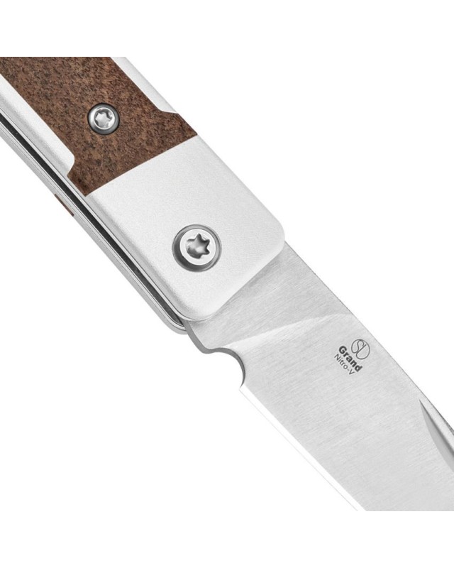 Kizer Cutlery Little Grand Slip Joint Nitro-V steel satin finish blade SIlver aluminium with Mkuruti wood handle