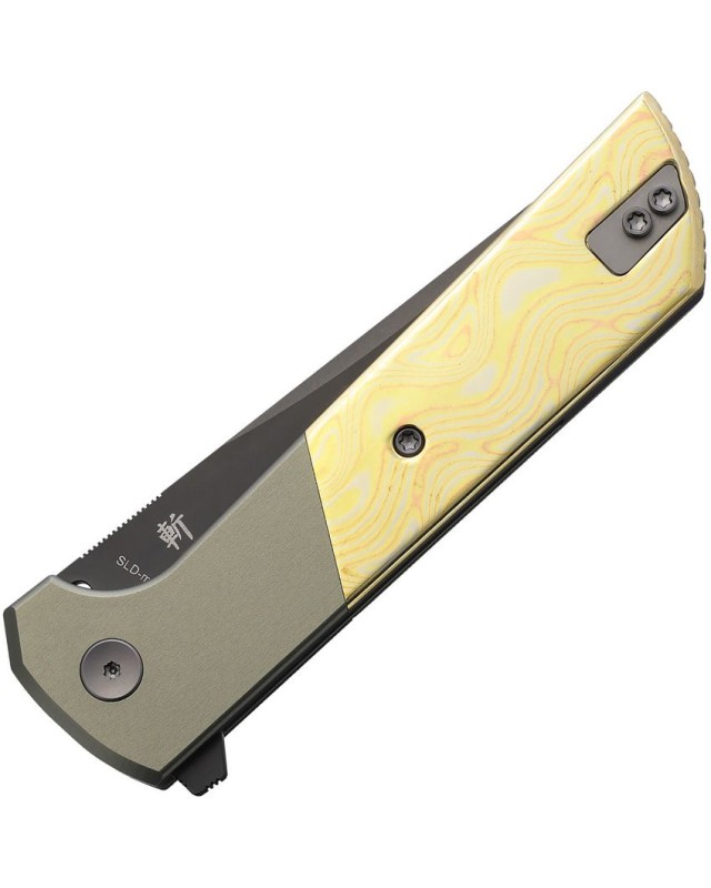 North Mountain Blade Chop2 SAN MAI Tanto SLD-Magic Steel black finish Button Lock grey aluminium bolsters Copper Damascu