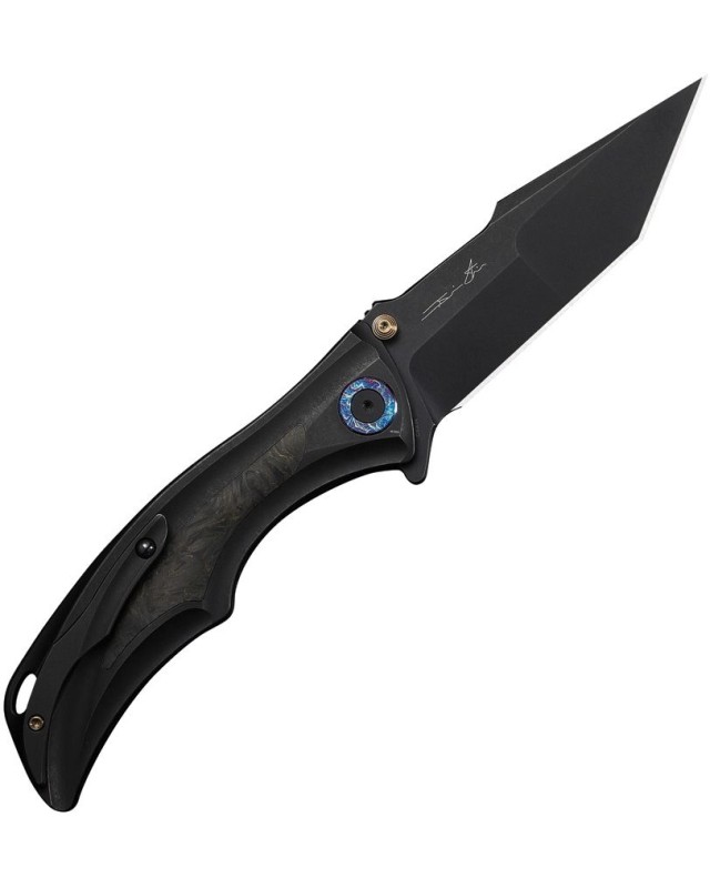 WEKNIFE Tighe Knife Satin Bohler M390 Tanto Blade Polished Black Titanium Integral Handle Yellow Carbon Fiber Inlay Butt