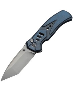 We Knife Co. Zentron Buttonlock M390 Premium Steel stonewash finish Tanto blade blue Titanium Handle