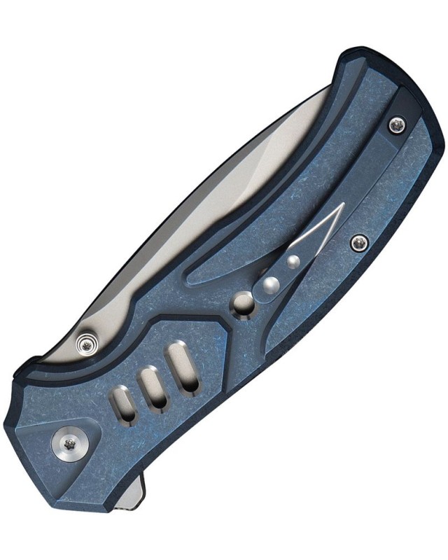 We Knife Co. Zentron Buttonlock M390 Premium Steel stonewash finish Tanto blade blue Titanium Handle