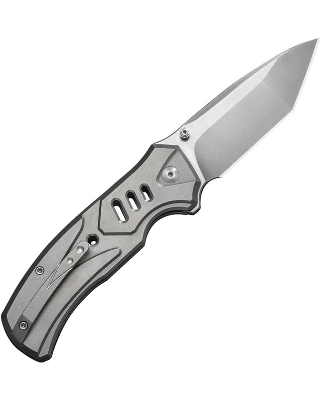 We Knife Co. Zentron Buttonlock M390 Premium Steel satin finish Tanto blade grey Titanium Handle