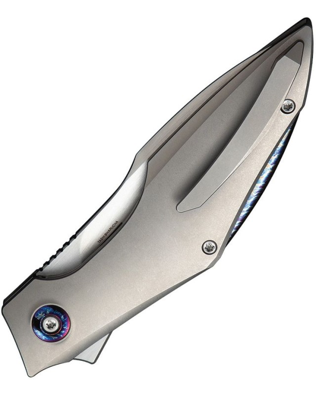 We Knife Co. Krait Snake Nested Framelock M390 premium steel satin finish recurve harpoon blade silver titanium Handle