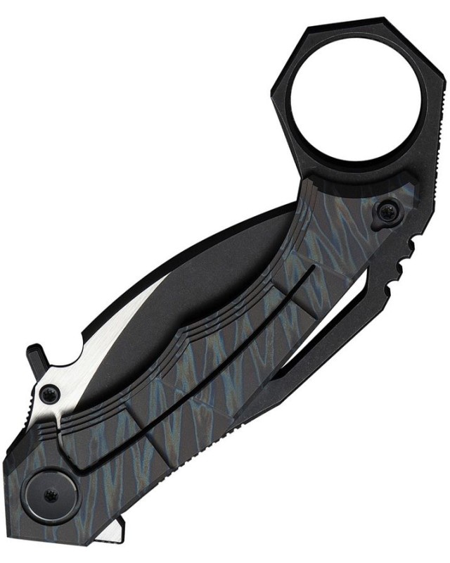 WeKnifeCo Tayra Karambit blackwash and satin finish Bohler M390 stainless hawkbill blade flame anodized titanium handle 