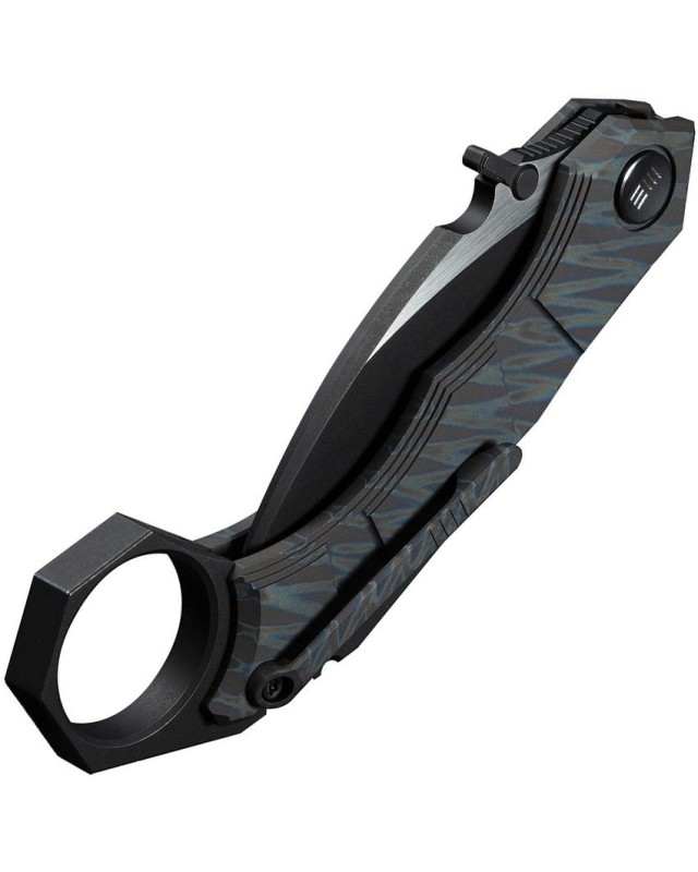 WeKnifeCo Tayra Karambit blackwash and satin finish Bohler M390 stainless hawkbill blade flame anodized titanium handle 