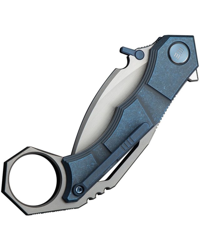 WeKnifeCo Tayra Karambit satin finish Bohler M390 stainless hawkbill blade blue stonewashed titanium handle finger ring