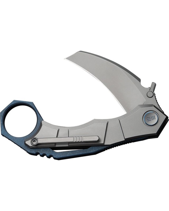 WeKnifeCo Tayra Karambit stonewash finish Bohler M390 stainless hawkbill blade blue and gray stonewashed titanium handle