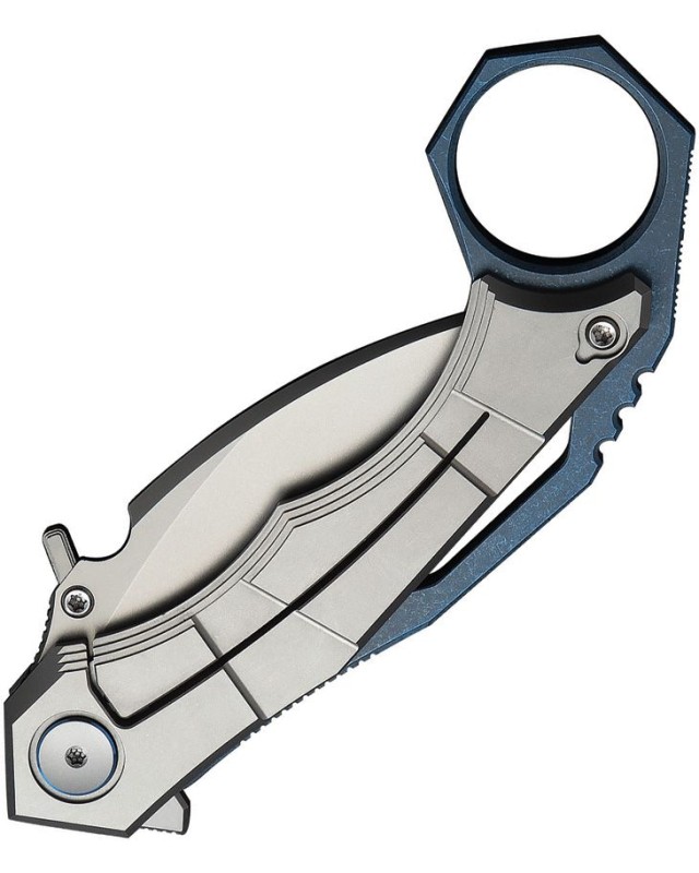 WeKnifeCo Tayra Karambit stonewash finish Bohler M390 stainless hawkbill blade blue and gray stonewashed titanium handle