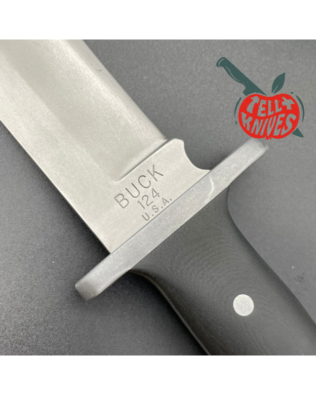 Vintage Buck 124 Frontiersman Fixed Blade Full Tang 420HC Steel Integral Sand Blasted Black Micarta Handle Black Leather