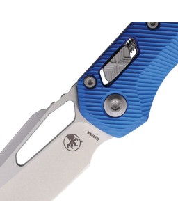 Microtech MSI M390MK steel Stonewashed finish blade fluted blue aluminium handle Ram Lock