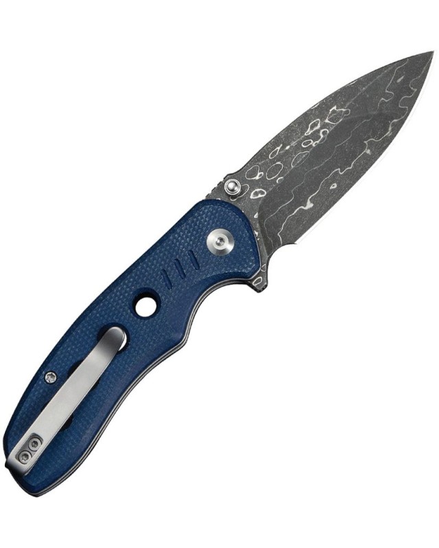 CIVIVI Triptych folding knife Damascus blade Button Lock Blue Canva Micarta Handle Flipper