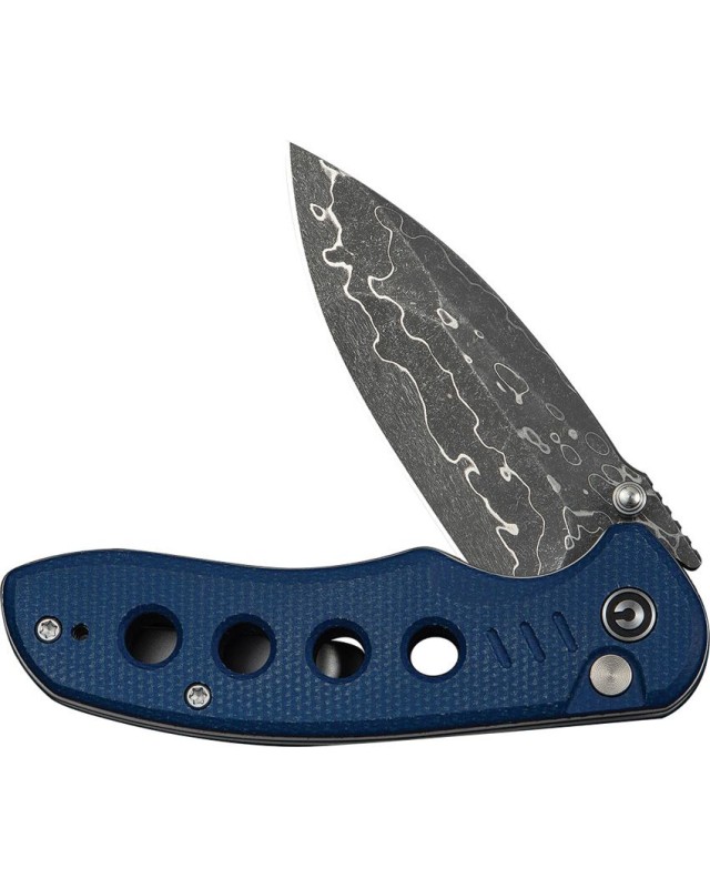 CIVIVI Triptych folding knife Damascus blade Button Lock Blue Canva Micarta Handle Flipper