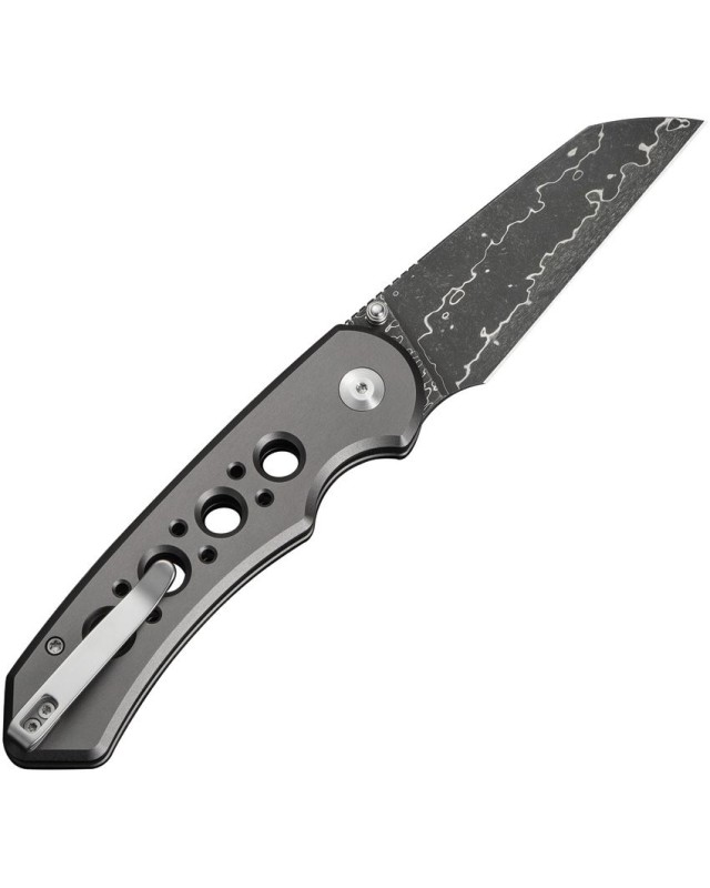 Pragma Prime folding knife Damascus blade Button Lock Gray Aluminium Handle Flipper