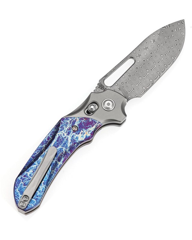 Kansept Quasar Pocket Knife Damascus Steel Lightning strike anodized Titanium handle crossbar lock