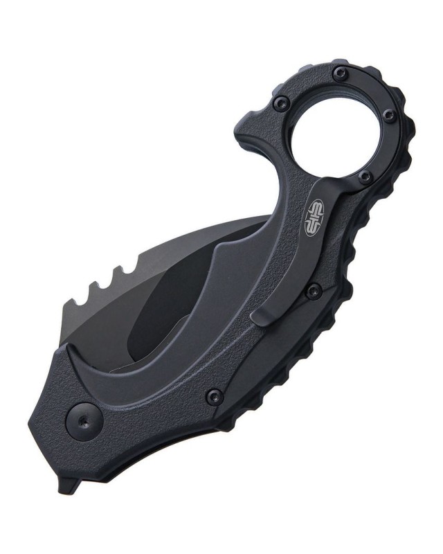 Brous Blades Enforcer Linerlock D2 tool steel blackout finish Karambit blade Black polymer handle Finger ring