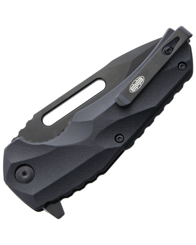 Brous Blades Reloader Linerlock D2 tool steel Blackout finish Tanto blade Black polymer handle Flipper
