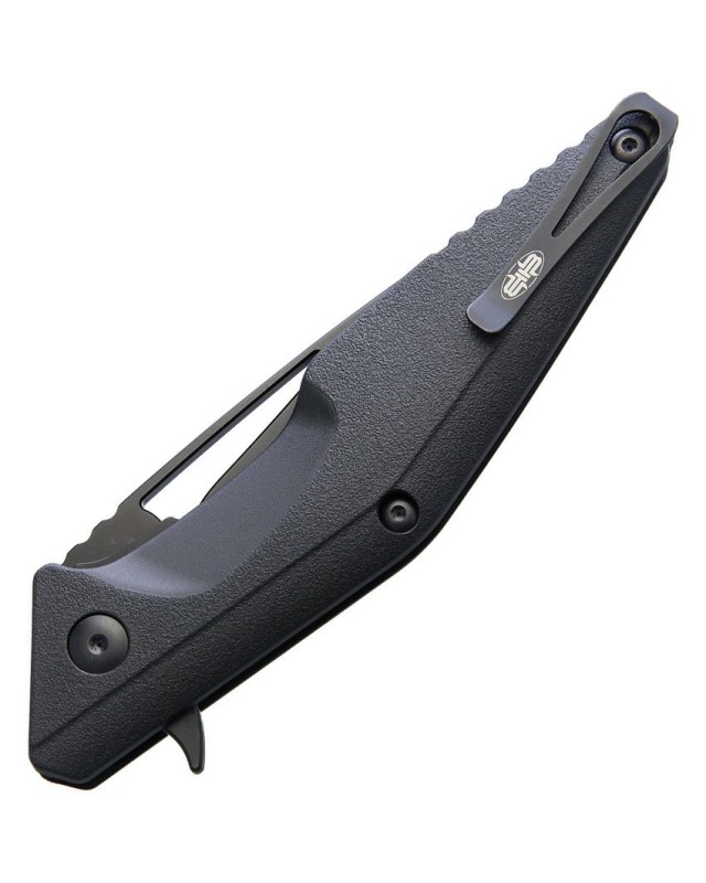 Brous Blades Division Linerlock D2 tool steel Blackout finish Spear Point blade Black polymer handle Flipper