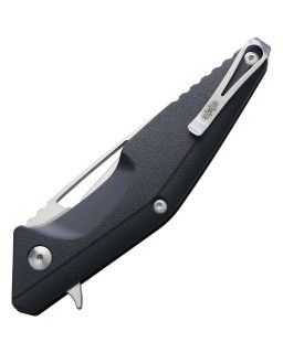 Brous Blades Division Linerlock D2 tool steel Satin finish Spear Point blade Black polymer handle Flipper