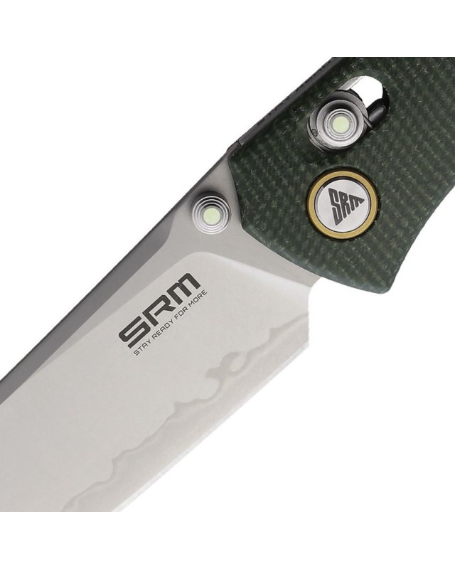 SRM Knives 255L Medal folding knife Laminated 140Cr steel blade Green micarta handle Crossbar Lock