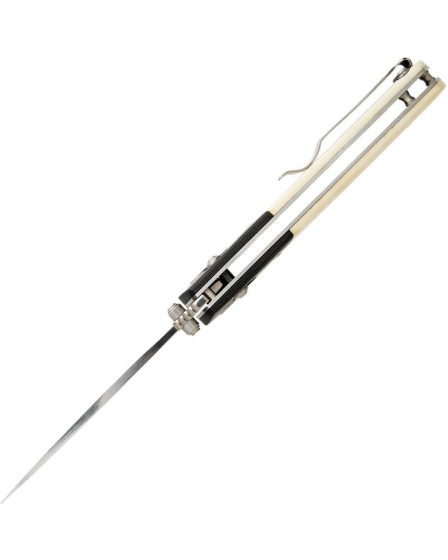 Bear & Son Lawman D2 tool steel blade Slidelock CF bolsters White Bone handle