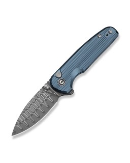 CIVIVI Mini Shakan Damascus blade Flipper & Thumb Stud & Button Lock Knife Ripple Patterned Blue Aluminum Handle
