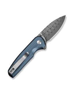 CIVIVI Mini Shakan Damascus blade Flipper & Thumb Stud & Button Lock Knife Ripple Patterned Blue Aluminum Handle