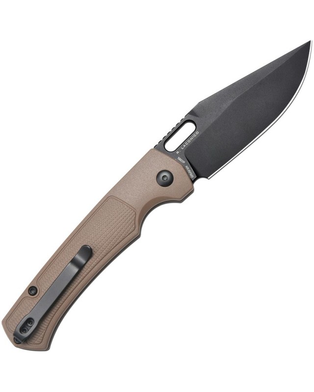 Artisan Cutlery Revel AR-RPM9 steel black PVD coated blade Button Lock Brown FRN handle