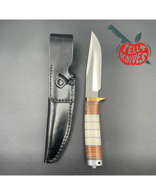 Hattori fixed blade "2006 Knife of the Year" Wild Road Hunter VG-10 stainless steel brass guard stacked leather wood box