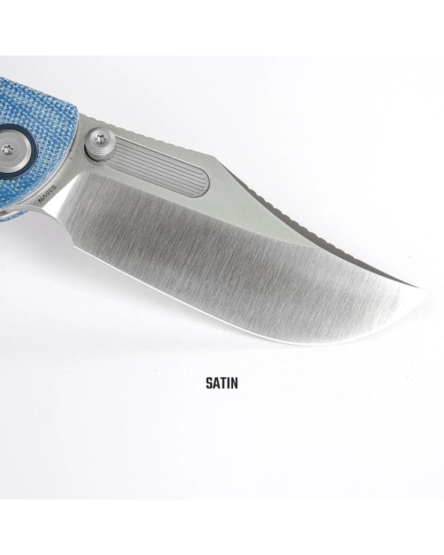 Vosteed Naga S35VN steel stonewash finish button lock blue micarta handle bowie blade