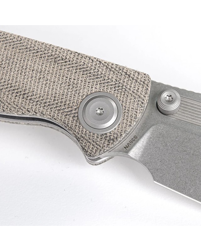 Vosteed Naga S35VN steel stonewash finish button lock green micarta handle bowie blade