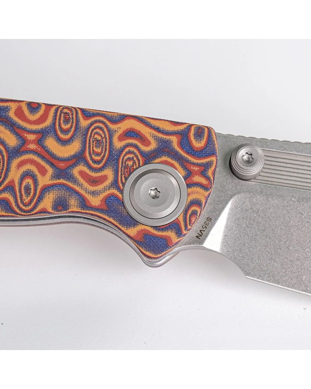 Vosteed Naga S35VN steel stonewash finish button lock Raindrop micarta handle bowie blade