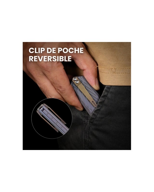 Remette Infinite Power  M390 steel stonewash finish blade grey and gold titanium handle Dagger blade Swiss Legal