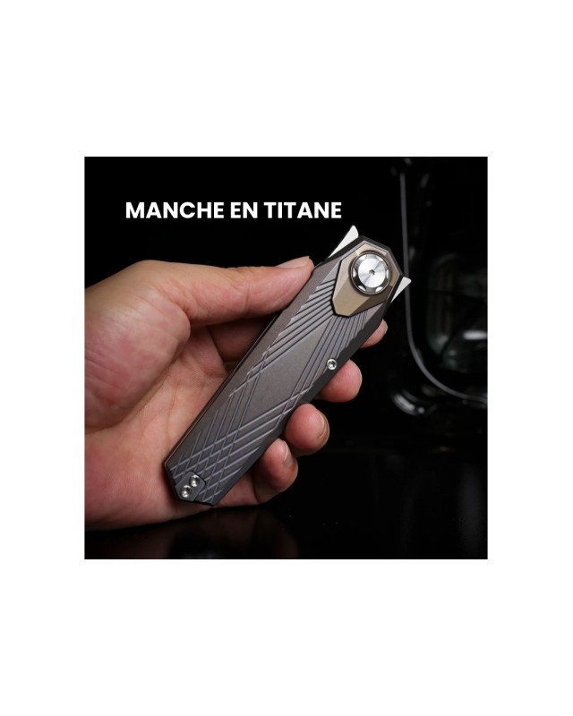 Remette Infinite Power  M390 steel stonewash finish blade grey and gold titanium handle Dagger blade Swiss Legal