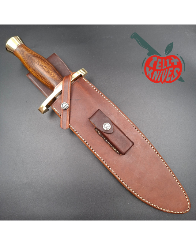 Randall Made Knives Model Sasquatch Large forged carbon steel ironwood handle brass guard and pommel brown leather sheat