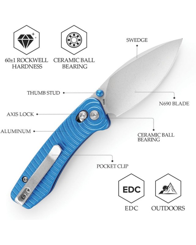 Trivisa Koala folding knife N690 stainless steel blade satin finish Crossbar Lock blue aluminium handle