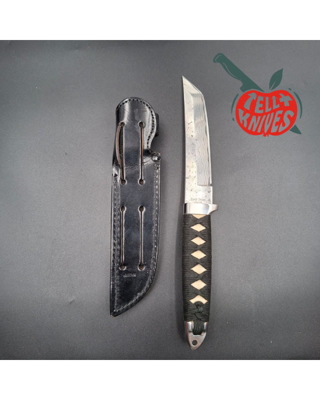 Cold Steel 1998 Imperial Tanto Full Tang Damascus Blade white rayskin handle black leather sheath made in Japan