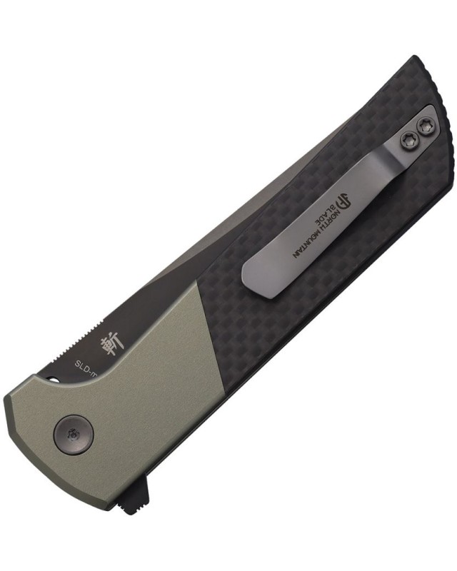 North Mountain Blade Chop2 SAN MAI Tanto SLD-Magic Steel Black finish blade Button Lock green aluminium bolsters CF handle